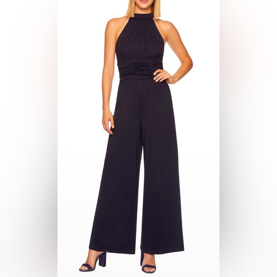 Susana Monaco Gathered Mock Neck Nwt Dark Navy Blue Jumpsuit Wide-Leg Size L